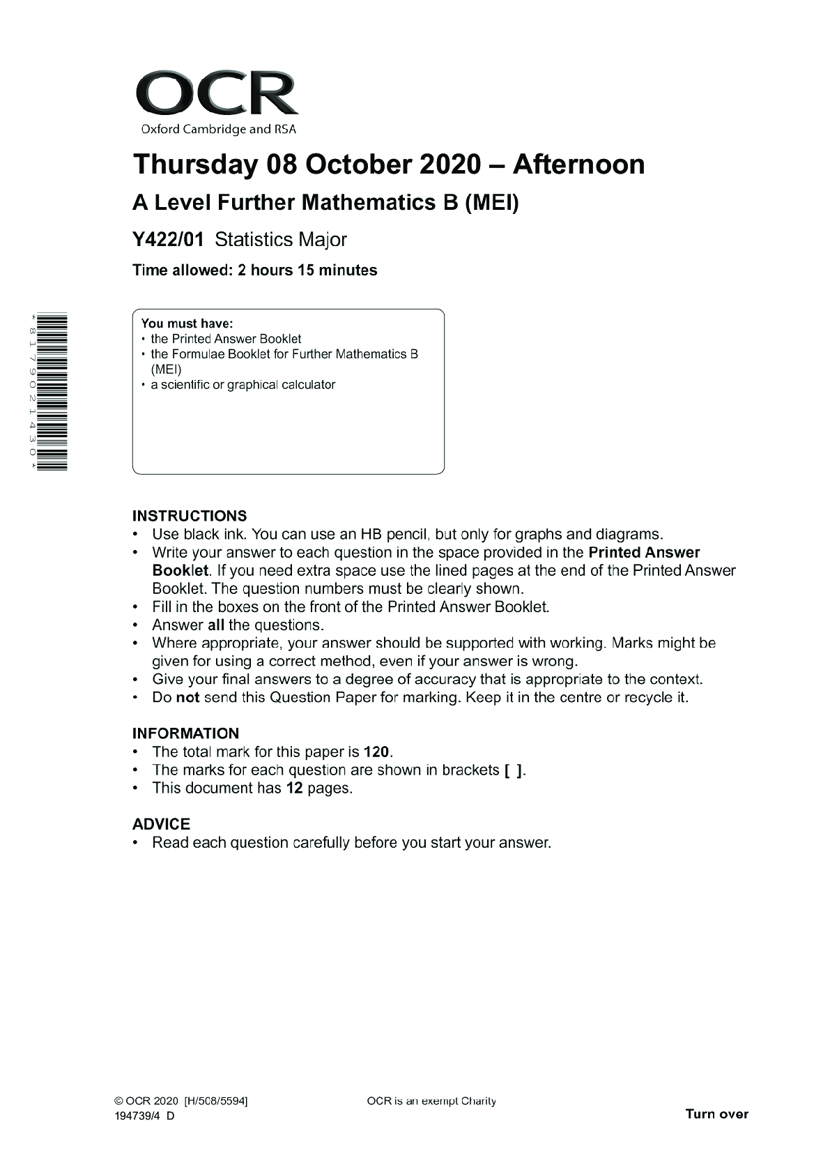 Preview image for Further Mathematics B (MEI) Y422/01: Statistics major Advanced GCE QUESTION PAPER for November 2020